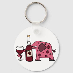 Pink Elephant Drinking Wine Key Ring
