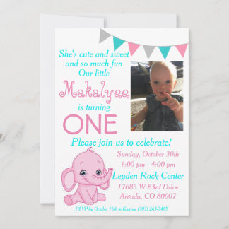 Pink Elephant First Birthday Party Invitation