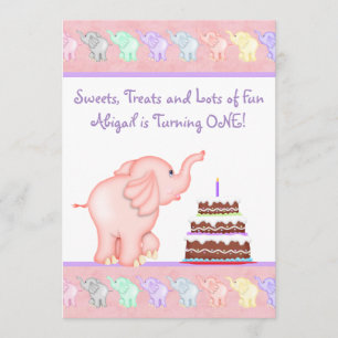 Pink Elephant First Birthday Party Invitation