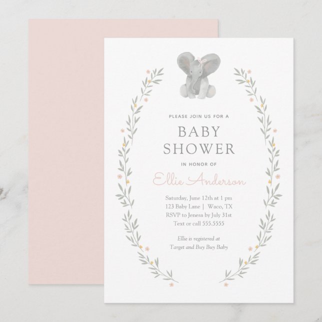 Pink Elephant Floral Greenery Girl Baby Shower Invitation (Front/Back)