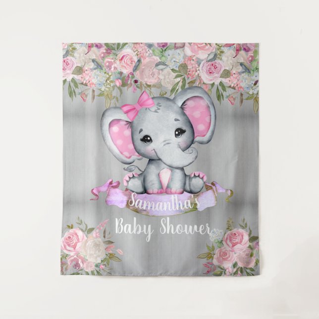 Pink Elephant Floral Photo Backdrop Baby Shower  Tapestry (Front)