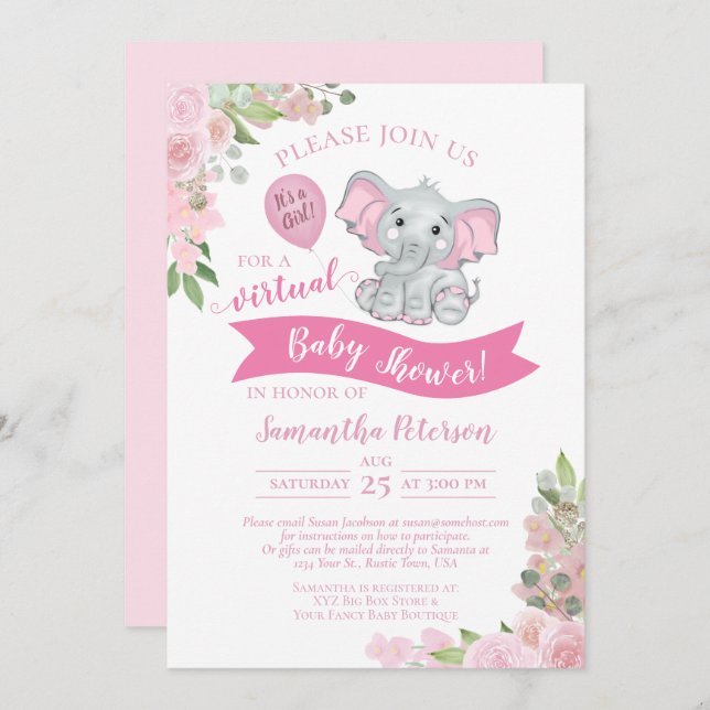 Pink Elephant & Floral Virtual Baby Girl Shower Invitation (Front/Back)