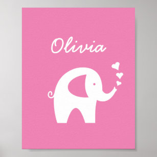 Pink elephant girl baby room nursery decor poster