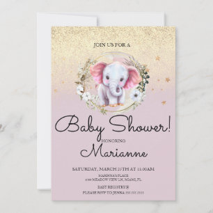 Pink Elephant Girl Baby Shower Faux Gold Glitter  Invitation