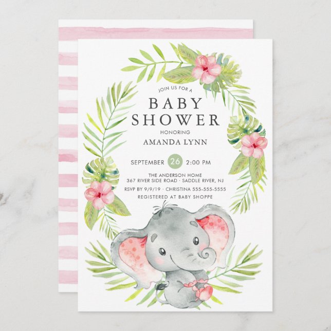 Pink Elephant Girl Baby Shower Invitation (Front/Back)