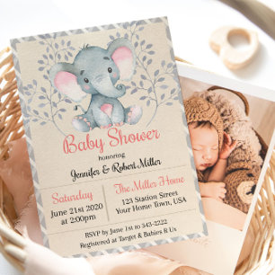 Pink Elephant Girl Baby Shower Invitation