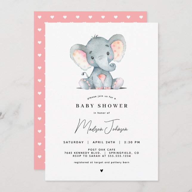 Pink Elephant Girl Baby Shower Invitation (Front/Back)