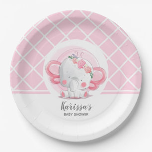 Pink Elephant Girl Baby Shower Paper Plate