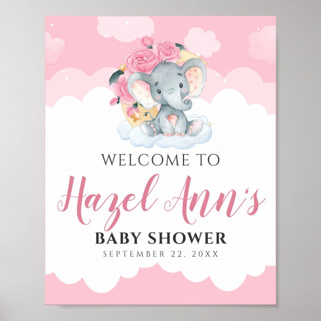 Pink Elephant Girl Baby Shower Welcome Sign (Front)