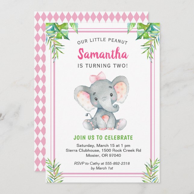 Pink Elephant Girl Birthday Little Peanut Party Invitation (Front/Back)