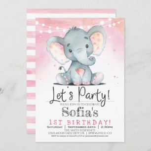 Pink Elephant Girl Birthday Party Invitation