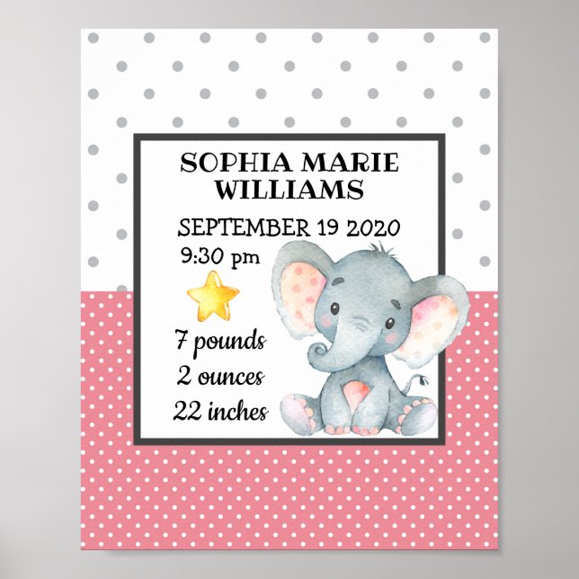 Pink Elephant Girl Birthday Stats Personalized Poster (Front)