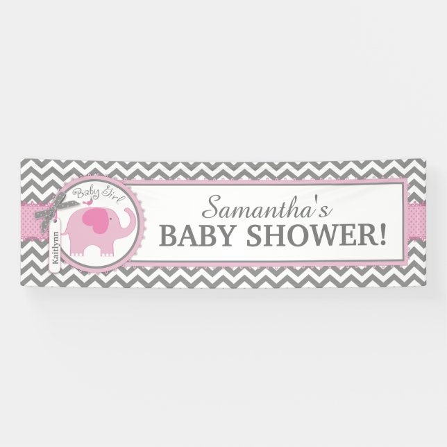 Pink Elephant Girl Chevron Baby Shower Banner (Horizontal)