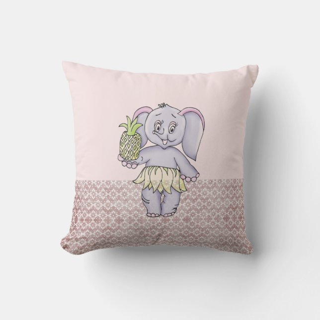 Pink Elephant Girl Modern Baby for Kids Grey Cushion (Front)