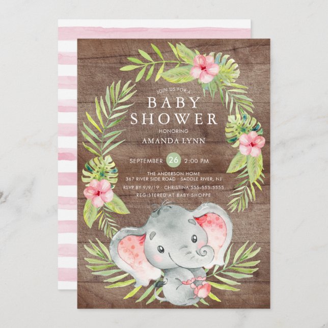 Pink Elephant Girl Rustic Baby Shower Invitation (Front/Back)