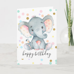 Pink Elephant Girls Birthday Polka Dot Glitter Fun Card