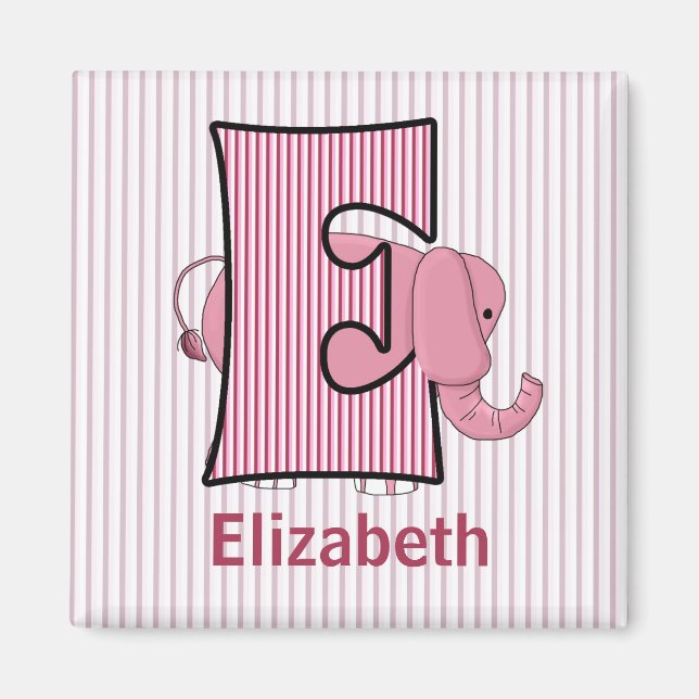 Pink Elephant Girls Monogram Letter E Striped Magnet (Front)