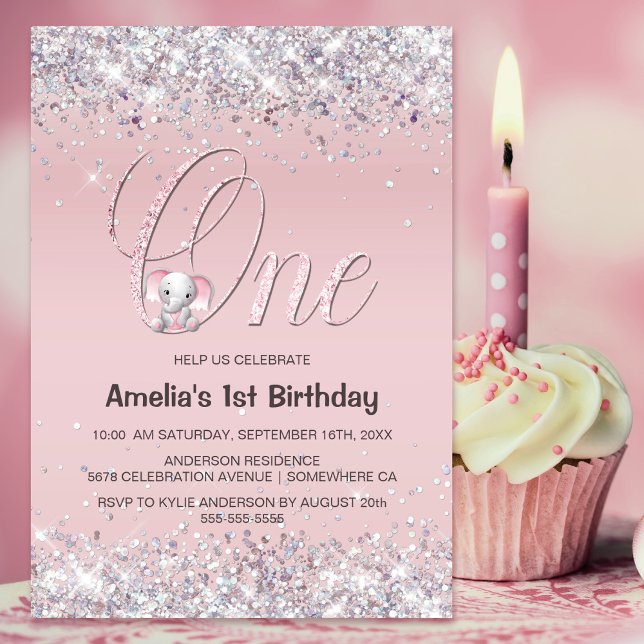 Pink Elephant Glitter 1st Birthday Party Invitation (Creator Uploaded)