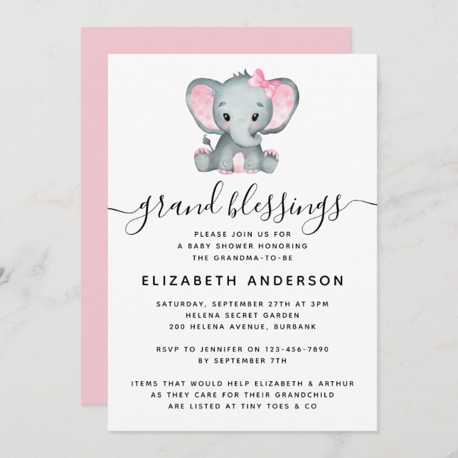 Pink Elephant Grandma Baby Shower Invitation (Front/Back)