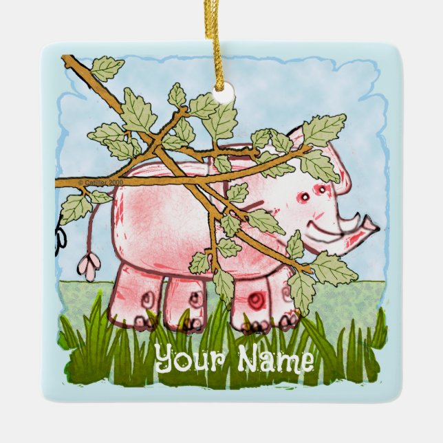 Pink Elephant Hiding  Ceramic Ornament (Front)