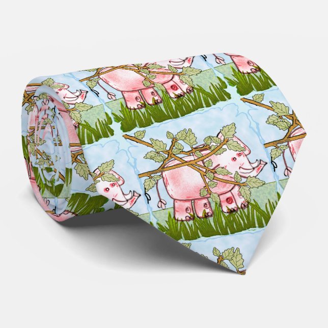 Pink Elephant Hiding  Tie (Rolled)
