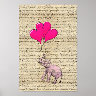 Pink elephant holding balloons poster