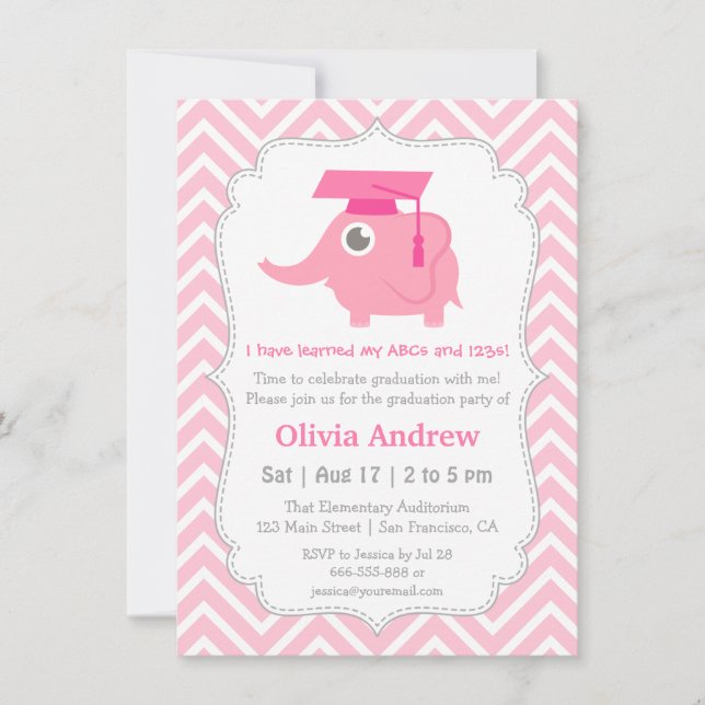 Pink Elephant Kids Kindergarten Graduation Party Invitation (Front)