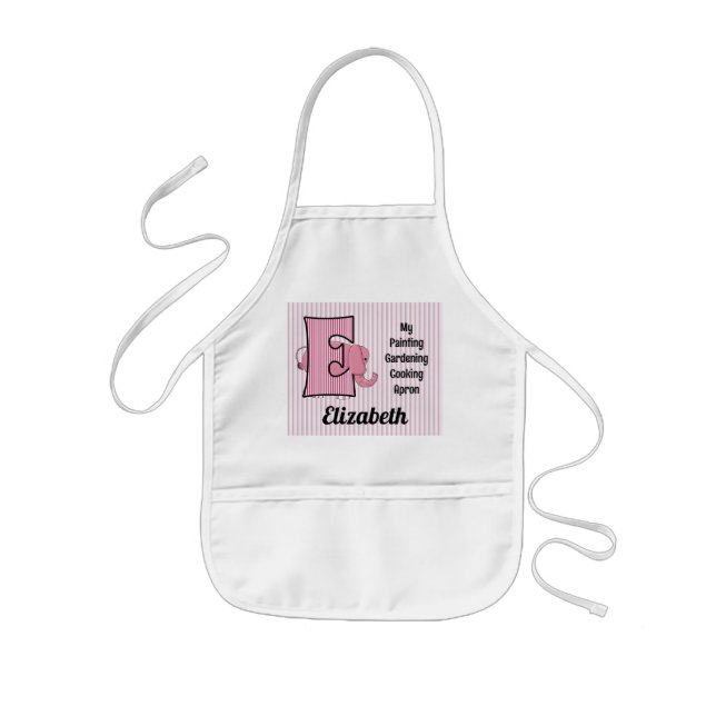 Pink Elephant Kid's Monogrammed E Kids Apron (Front)