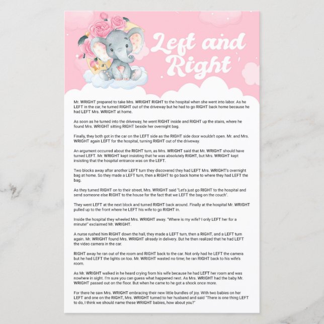 Pink Elephant Left and Right Baby Shower Game (Front)
