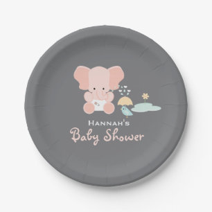 Pink Elephant Little Bird Baby Shower Paper Plate