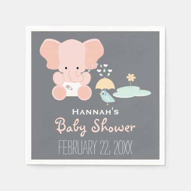 Pink Elephant Little in Diapers Bird Baby Shower Napkin (Front)
