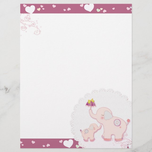 Pink Elephant Love Whimsical Scrapbook Letterhead (Front)