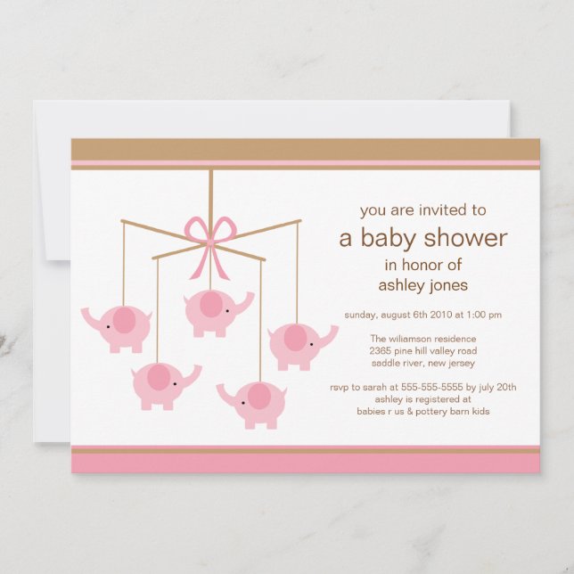 Pink Elephant Mobile Baby Shower Invitation (Front)