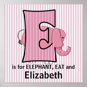 Pink Elephant Monogrammed E Baby Room Poster