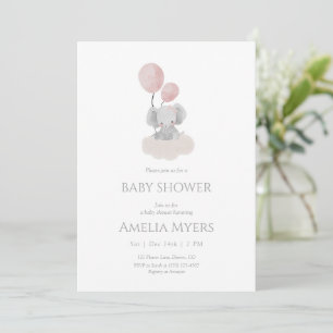 Pink Elephant on Cloud Baby Shower Invitation