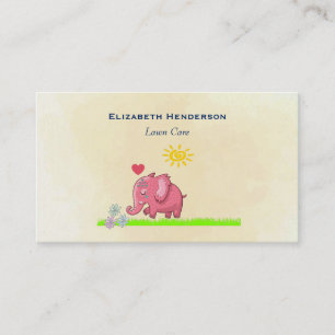 Pink Elephant On Green Grass Smelling Flowers Business Card