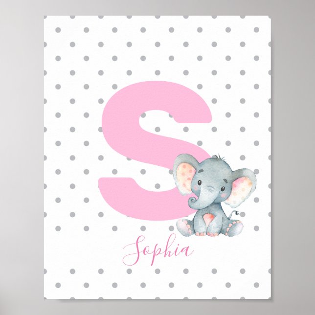 Pink Elephant Personalized Girl Baby Name Nursery Poster (Front)