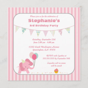 Pink elephant stripes birthday party invitation