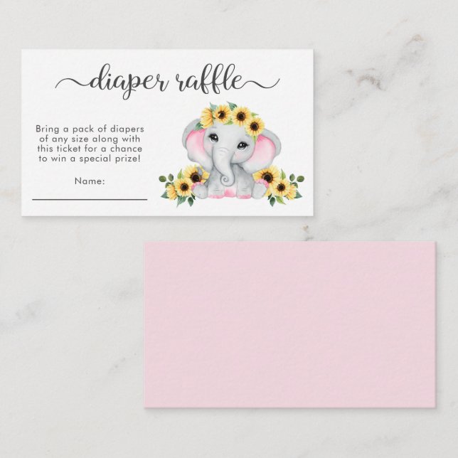 Pink Elephant Sunflowers Diaper Raffle Baby Shower Enclosure Card (Front/Back)