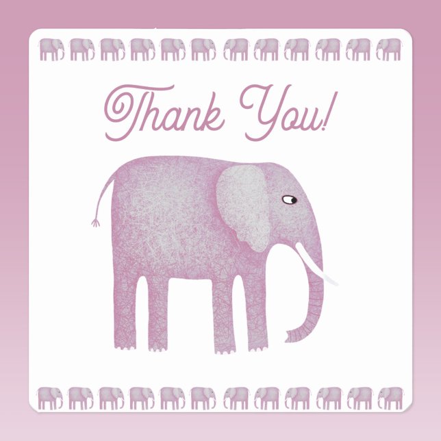 Pink Elephant Thank You Square Sticker (Pink elephant watercolor thank you sticker)