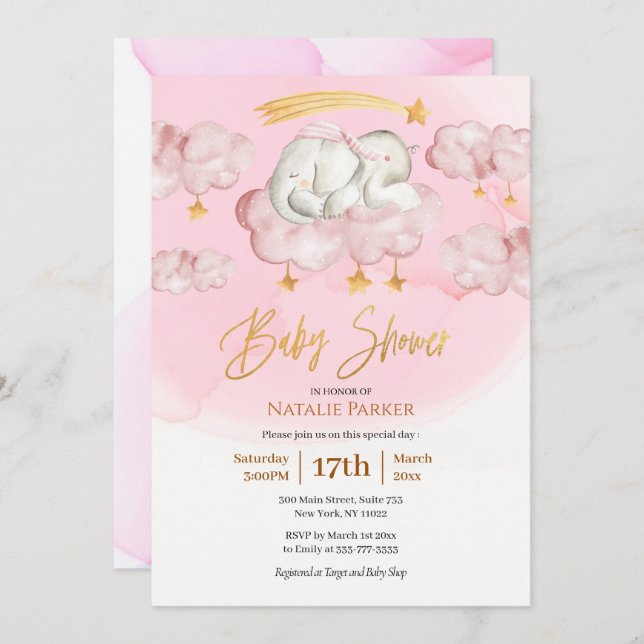 Pink Elephant Twinkle Little Star Girl Baby Shower Invitation (Front/Back)