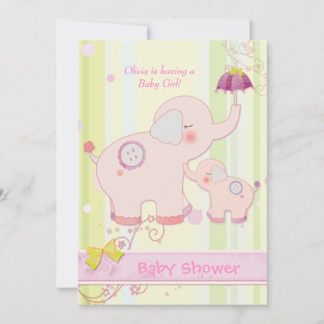 Pink Elephant Umbrella Baby Girl Shower Invitation (Front)