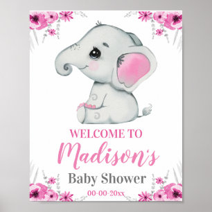 Pink Elephant Welcome Sign, Girl Rustic Shower Poster