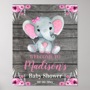 Pink Elephant Welcome Sign, Girl Rustic Shower Poster