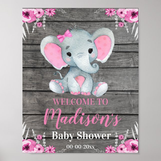 Pink Elephant Welcome Sign, Girl Rustic Shower Poster (Front)