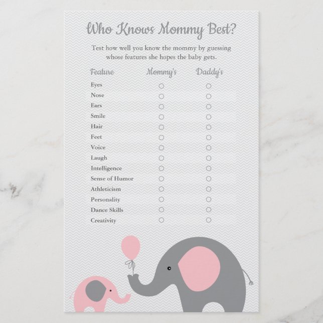 Pink Elephant Who Knows Mummy Best Shower Game Flyer (Front)