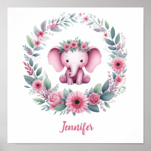 Pink Elephant with Floral Wreath Poster