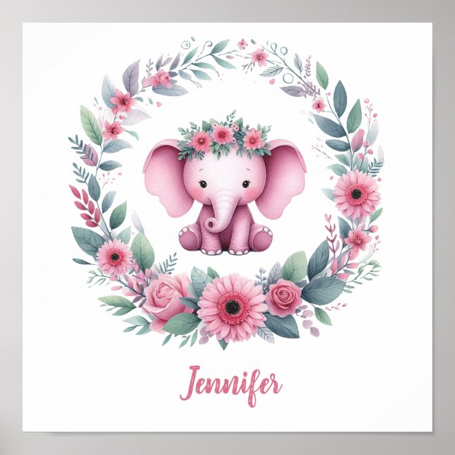 Pink Elephant with Floral Wreath Poster (Front)