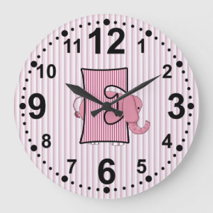 Pink Elephant with Stripes and Letter E Large Clock