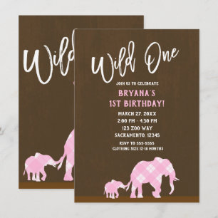 Pink Elephants Brown Modern WILD ONE 1ST Birthday Invitation